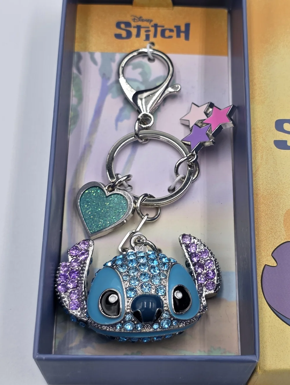 Disney Lilo & Stitch Blue Rhinestone Keychain Bag Charm with Stars‎ & Heart NIB